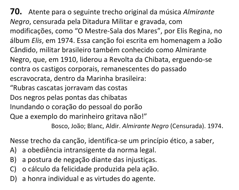 Recorte da questão 70 no caderno Tipo 1