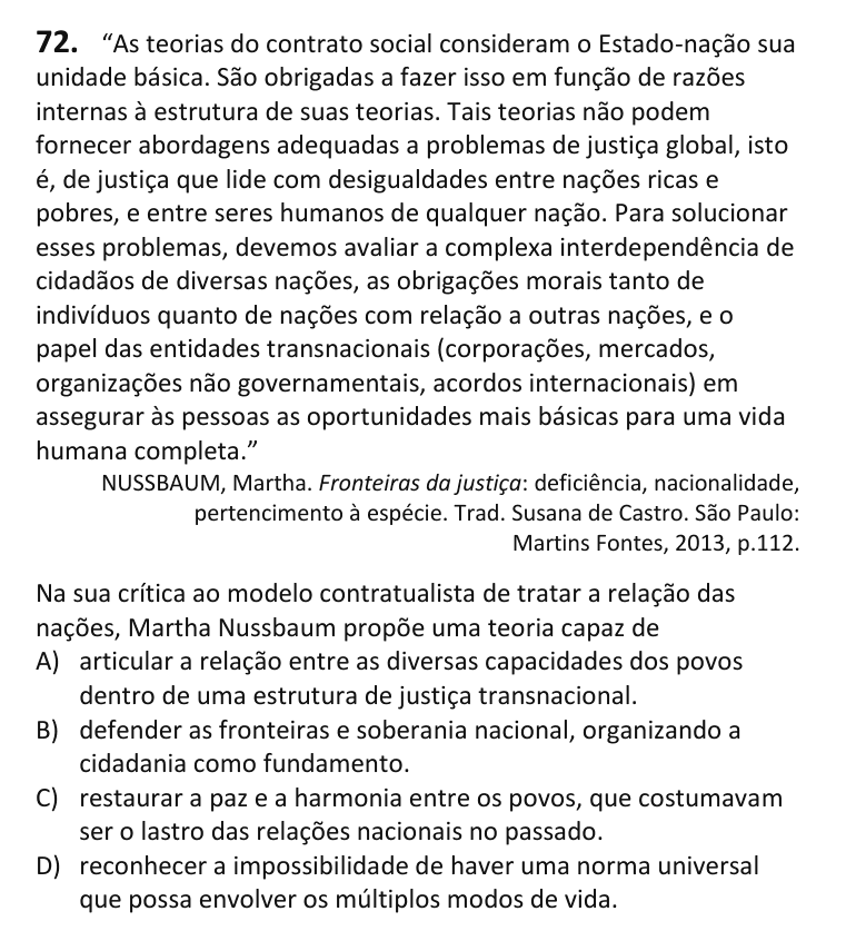 Recorte da questão 72 no caderno Tipo 1
