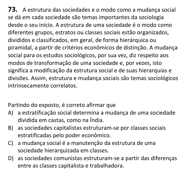 Recorte da questão 73 no caderno Tipo 1