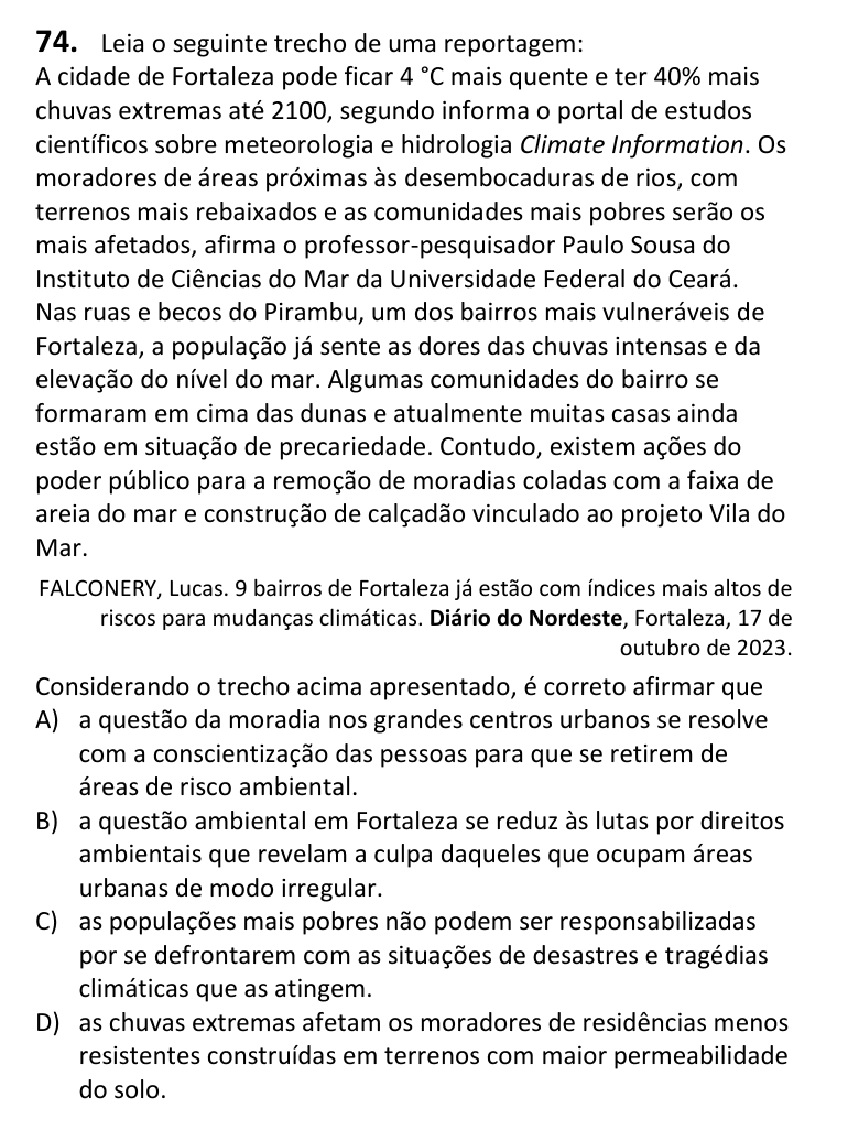 Recorte da questão 74 no caderno Tipo 1