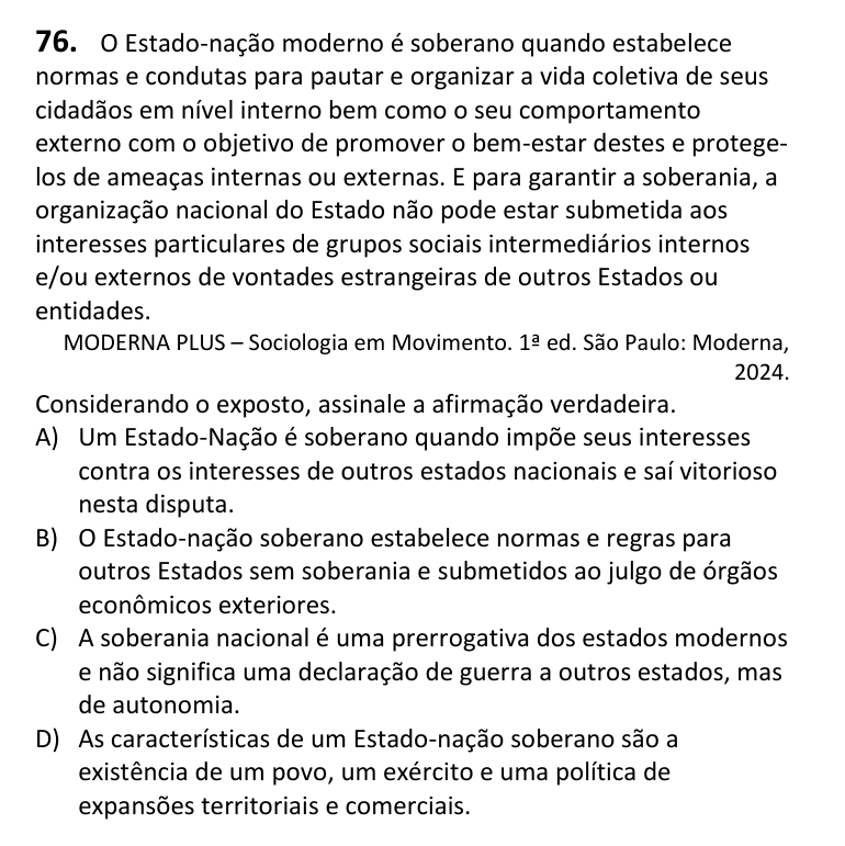 Recorte da questão 76 no caderno Tipo 1