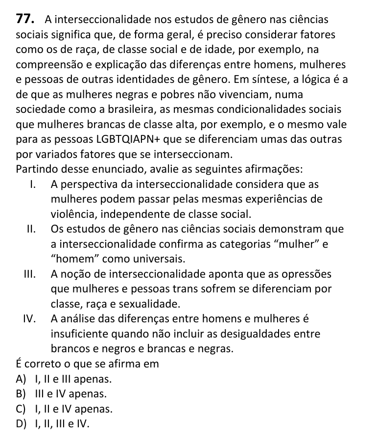 Recorte da questão 77 no caderno Tipo 1
