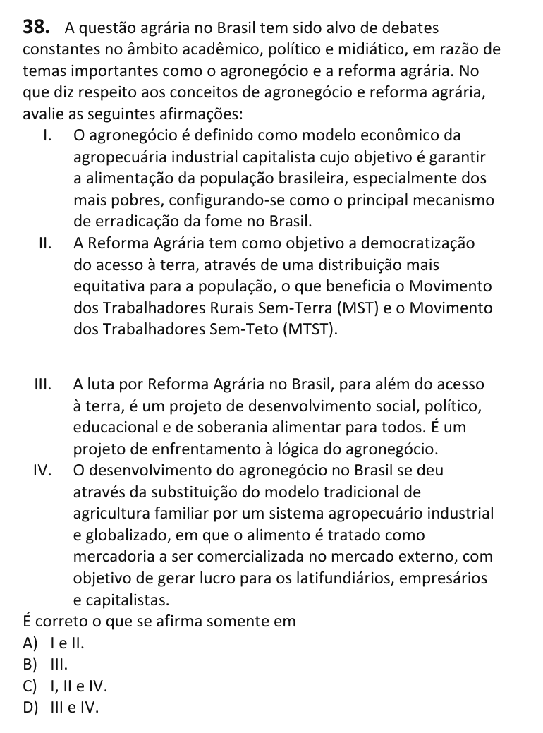 Recorte da questão 38 no caderno Tipo 2