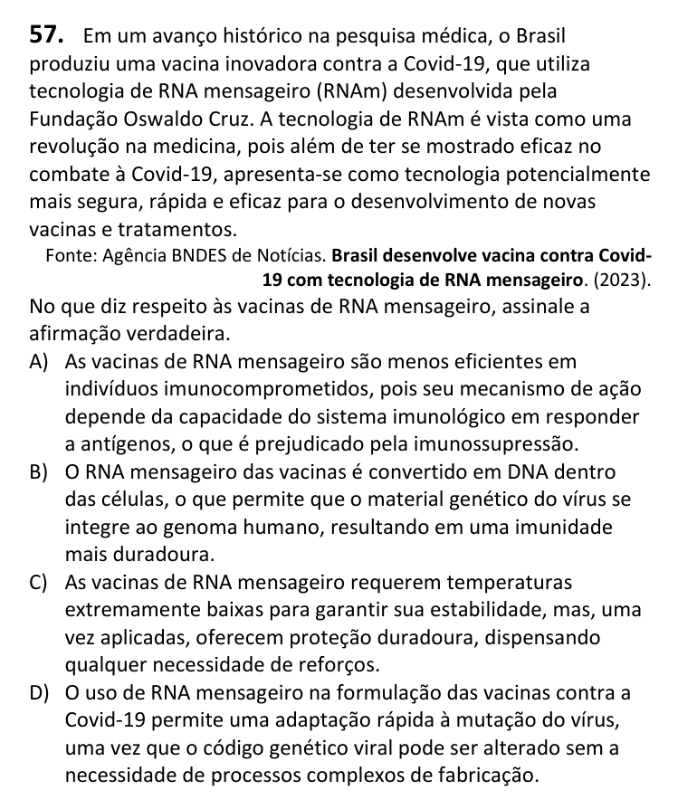 Recorte da questão 57 no caderno Tipo 2