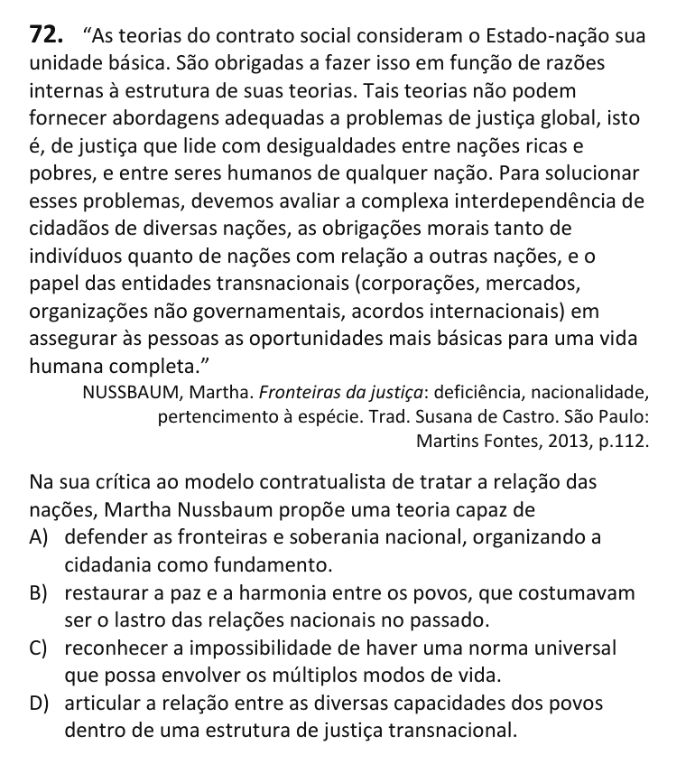 Recorte da questão 72 no caderno Tipo 2