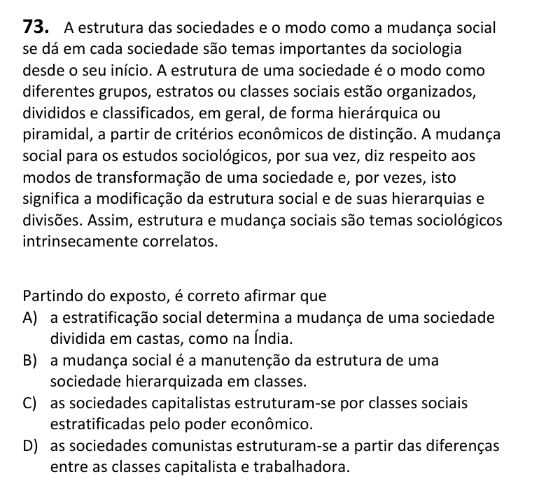 Recorte da questão 73 no caderno Tipo 2