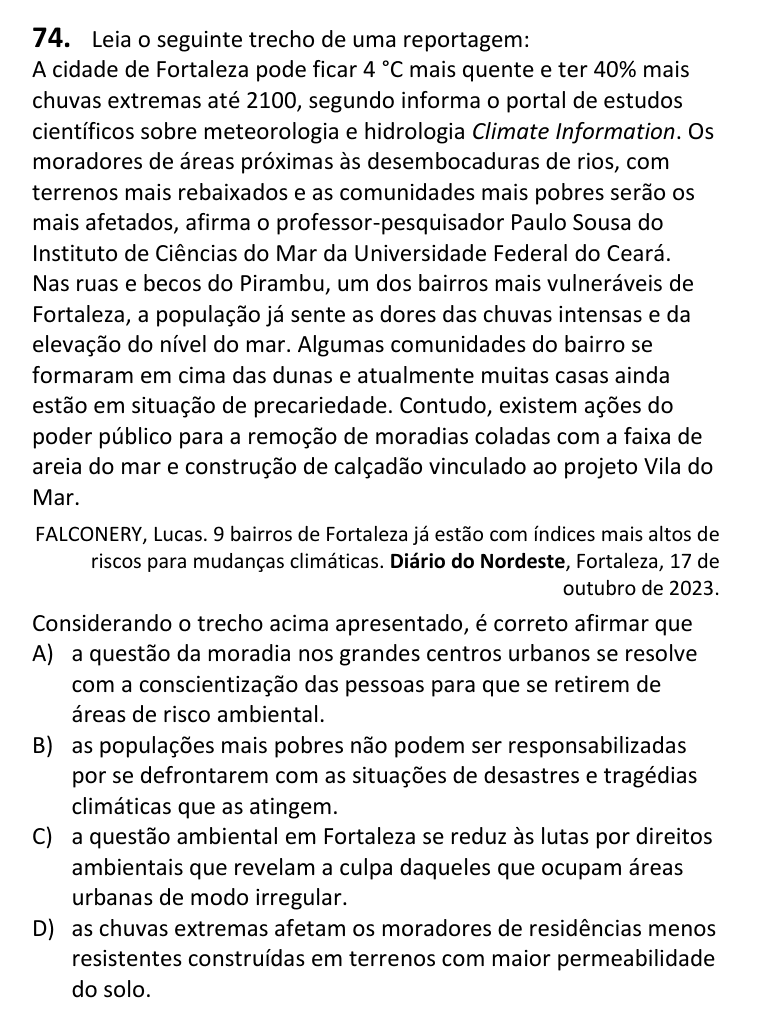 Recorte da questão 74 no caderno Tipo 2