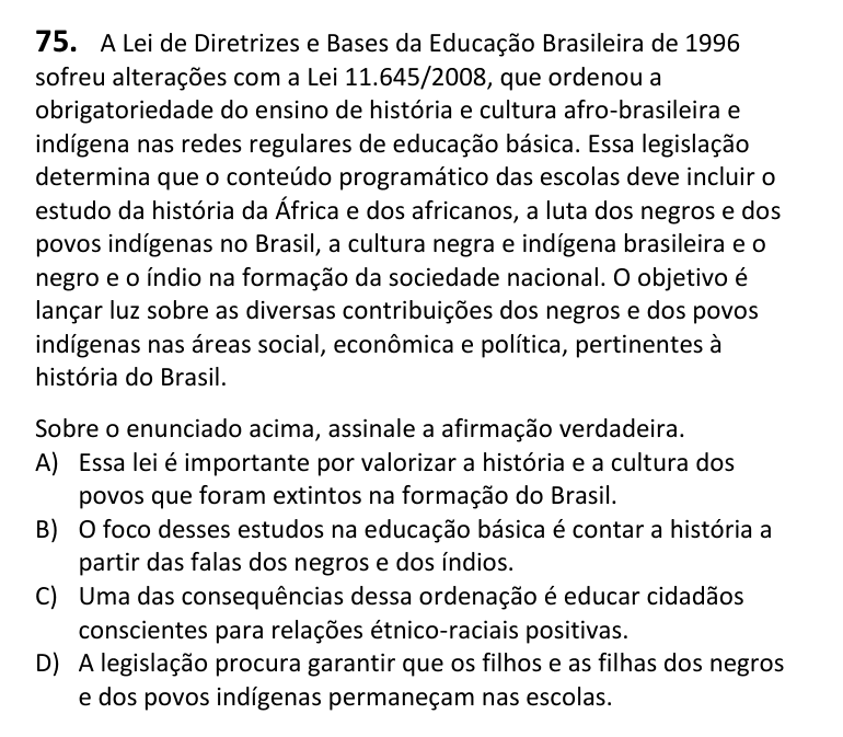 Recorte da questão 75 no caderno Tipo 2
