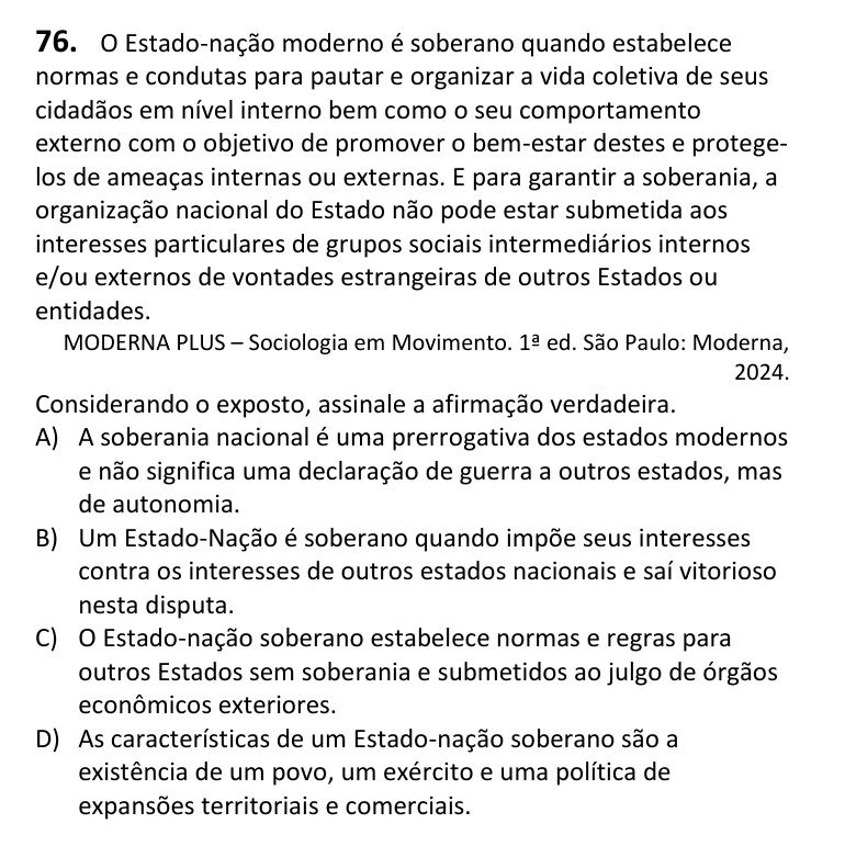 Recorte da questão 76 no caderno Tipo 2