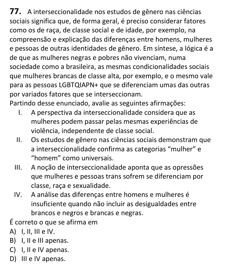 Recorte da questão 77 no caderno Tipo 2