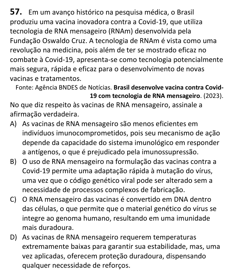 Recorte da questão 57 no caderno Tipo 3
