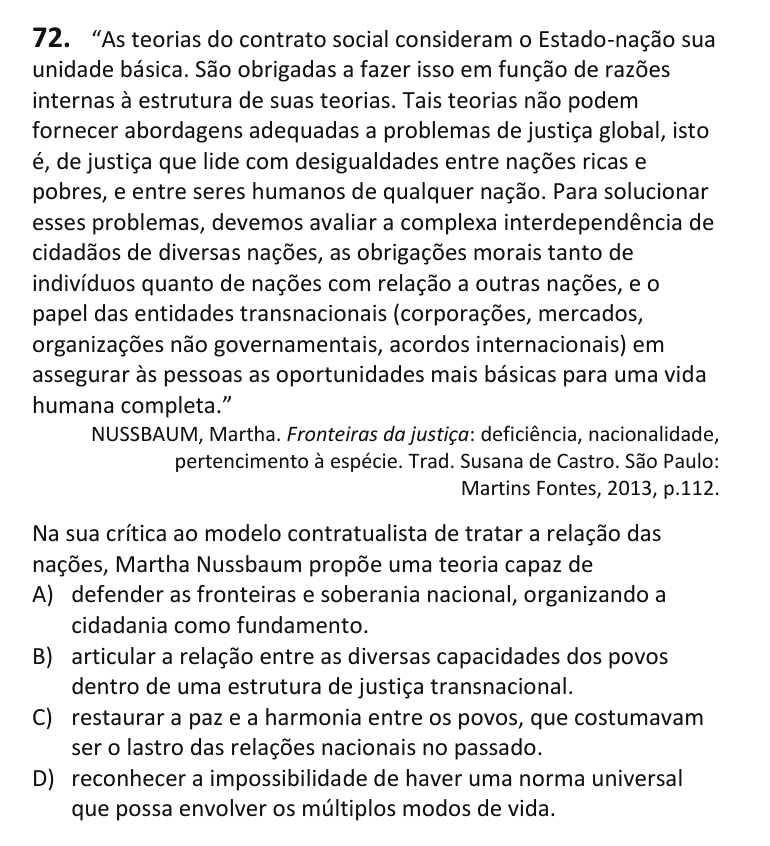 Recorte da questão 72 no caderno Tipo 3