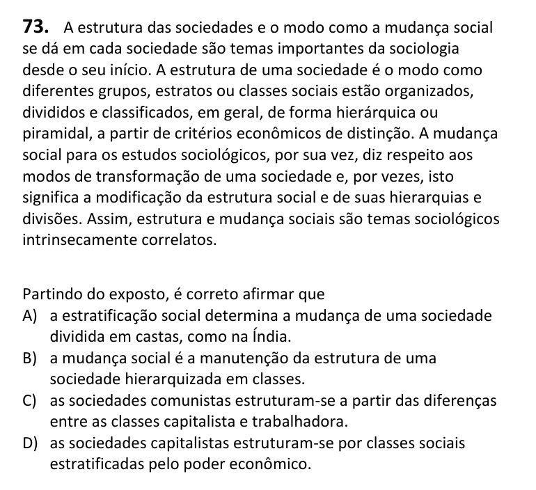Recorte da questão 73 no caderno Tipo 3