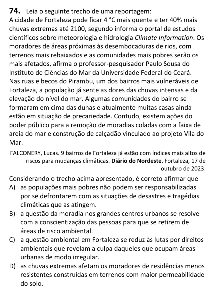 Recorte da questão 74 no caderno Tipo 3