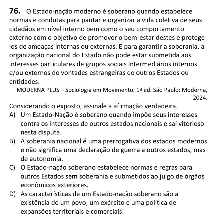 Recorte da questão 76 no caderno Tipo 3