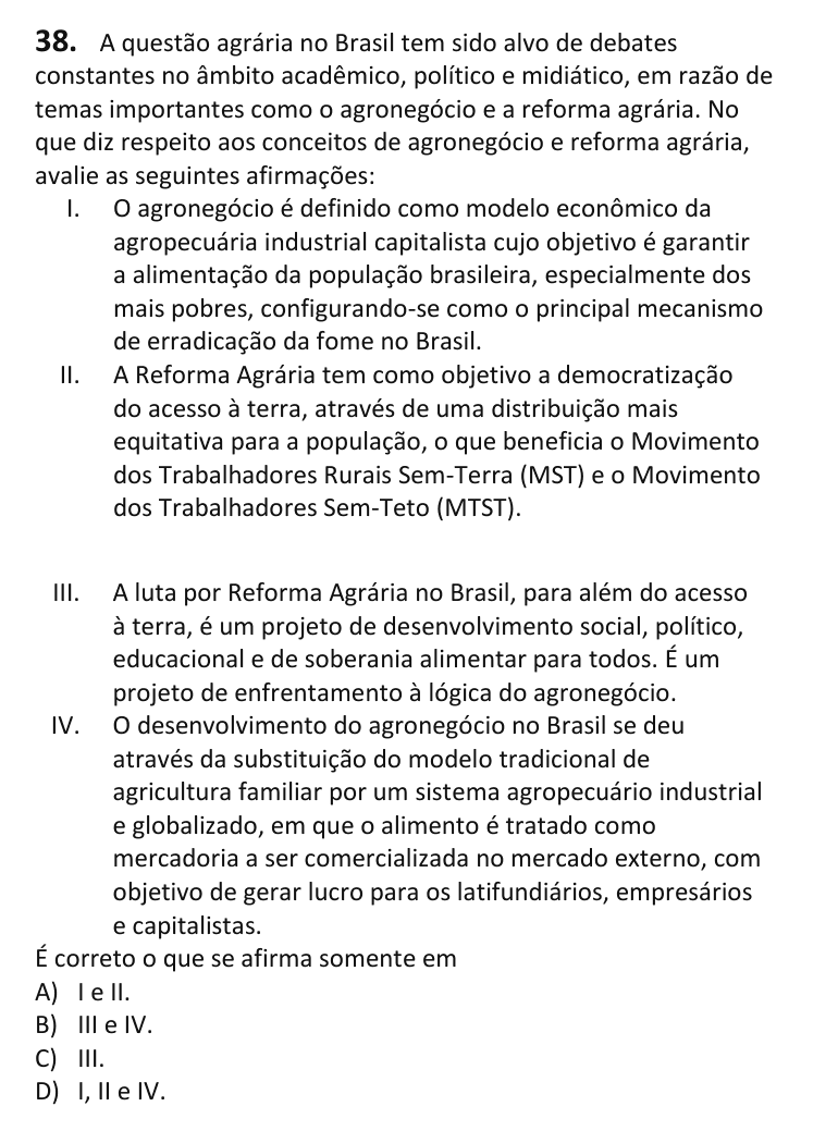 Recorte da questão 38 no caderno Tipo 4