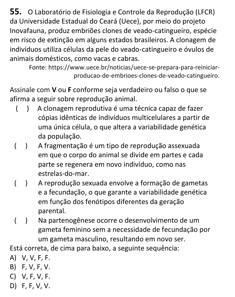 Recorte da questão 55 no caderno Tipo 4