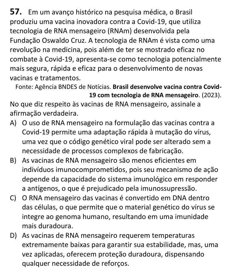 Recorte da questão 57 no caderno Tipo 4