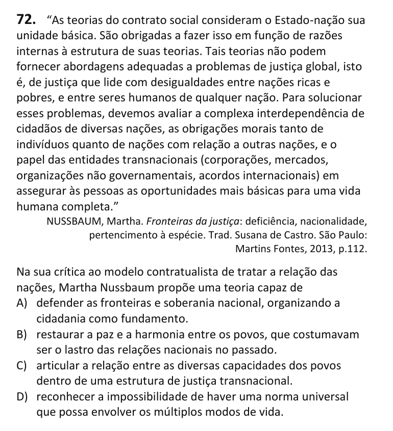 Recorte da questão 72 no caderno Tipo 4
