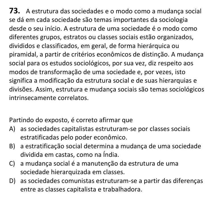Recorte da questão 73 no caderno Tipo 4