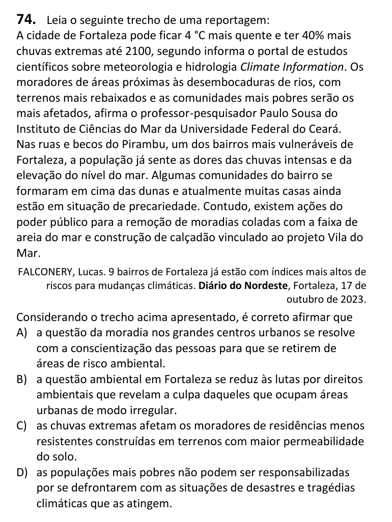 Recorte da questão 74 no caderno Tipo 4