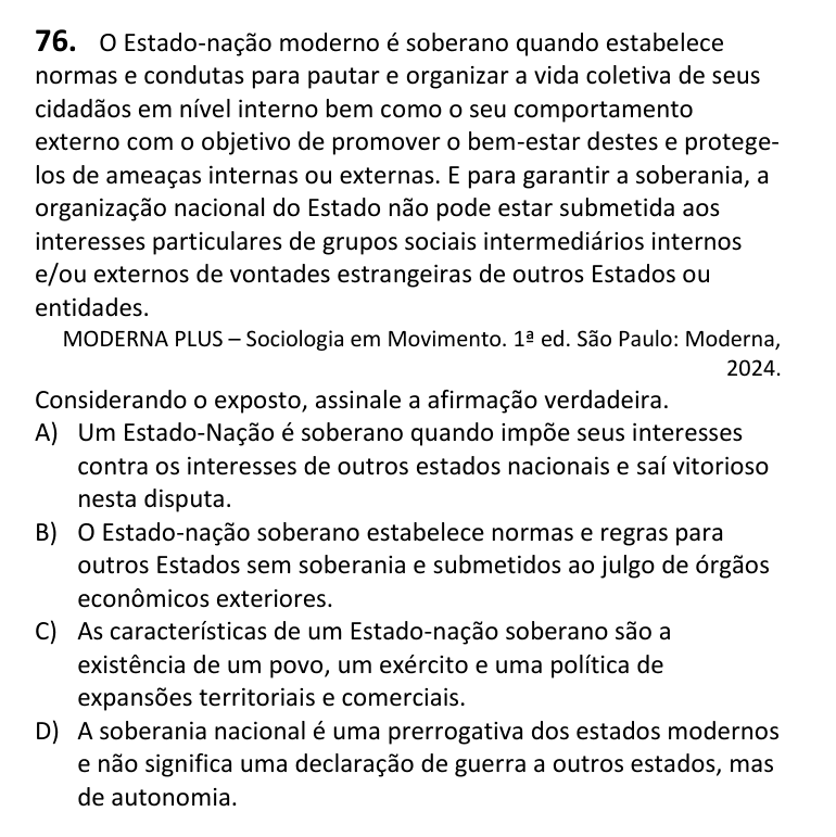 Recorte da questão 76 no caderno Tipo 4