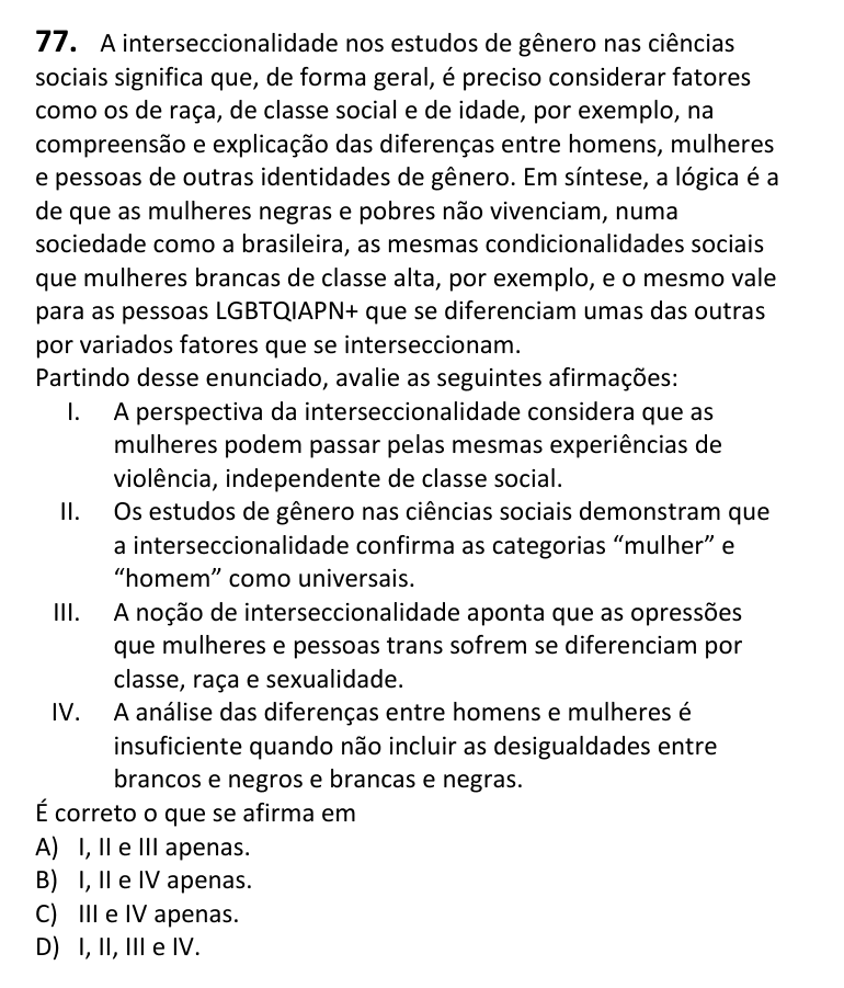 Recorte da questão 77 no caderno Tipo 4